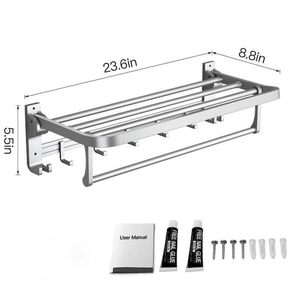 Dracelo 24 in. Wall-Mounted Aluminum Towel Rack with Towel Bar Holder  Foldable Towel Shelf and Movable Hooks in Silver B09W24LB1P - The Home Depot