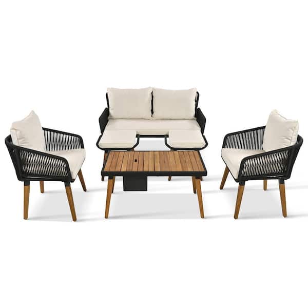 Unbranded 6-Piece Wood Outdoor Sectional,Deep Seat Conversation Set with Cool Bar Table,Ice Bucket,Two Stools and Beige Cushions