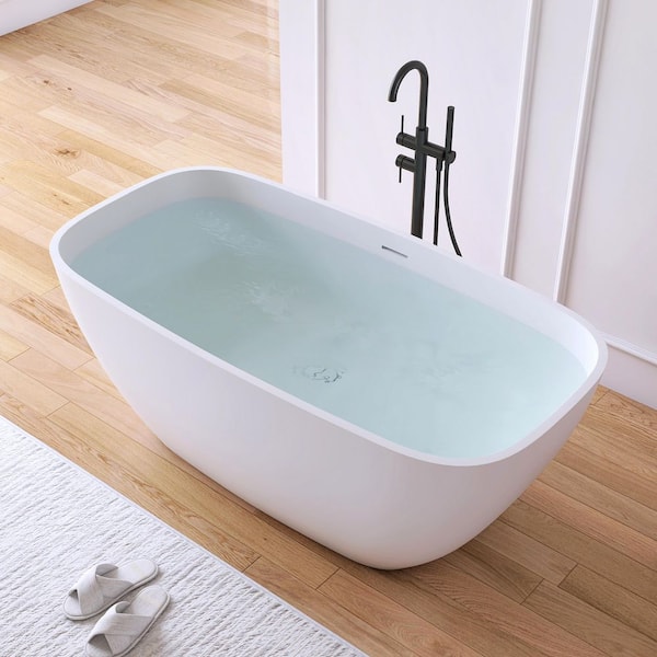 Milan 59 in. x 30 in. Stone Resin Solid Surface Matte Flatbottom Freestanding Soaking Bathtub in White