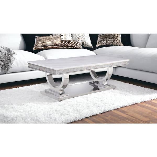 HomeRoots 51 in. Mirrored and Mother of Pearl Rectangle Faux Marble Coffee Table