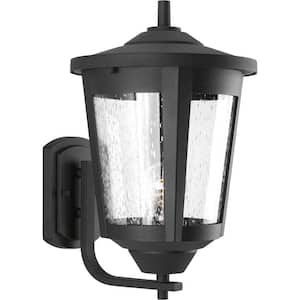 East Haven Collection 1-Light Textured Black Clear Seeded Glass Transitional Outdoor Large Wall Lantern Light