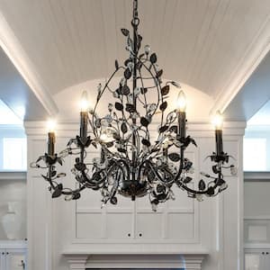 Contemporary 6-Light W28 in. Dark Bronze Leaf Chandelier Elegant Candlestick Shape With Crystal For Dining Room Foyer