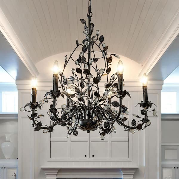 Contemporary 6-Light W28 in. Dark Bronze Leaf Chandelier Elegant Candlestick Shape With Crystal For Dining Room Foyer