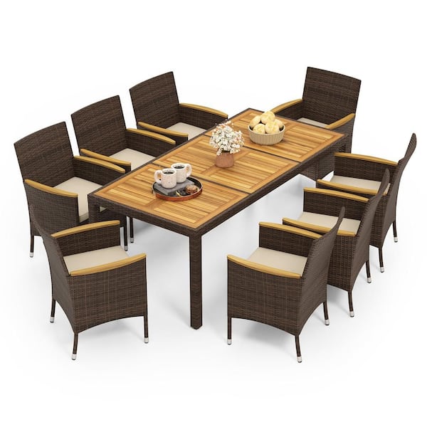 9-Piece Wood Outdoor Dining (Set of 8) Outdoor Rectangular Acacia Table and PE Rattan Chairs with Beige Cushion