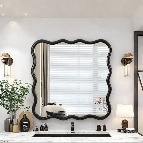 Unbranded Black 35.8 in. W Modern Wavy Square Solid Wood Wall Mirror Decor for Bathroom, Bedroom, Living Room, Cloakroom, Entryway