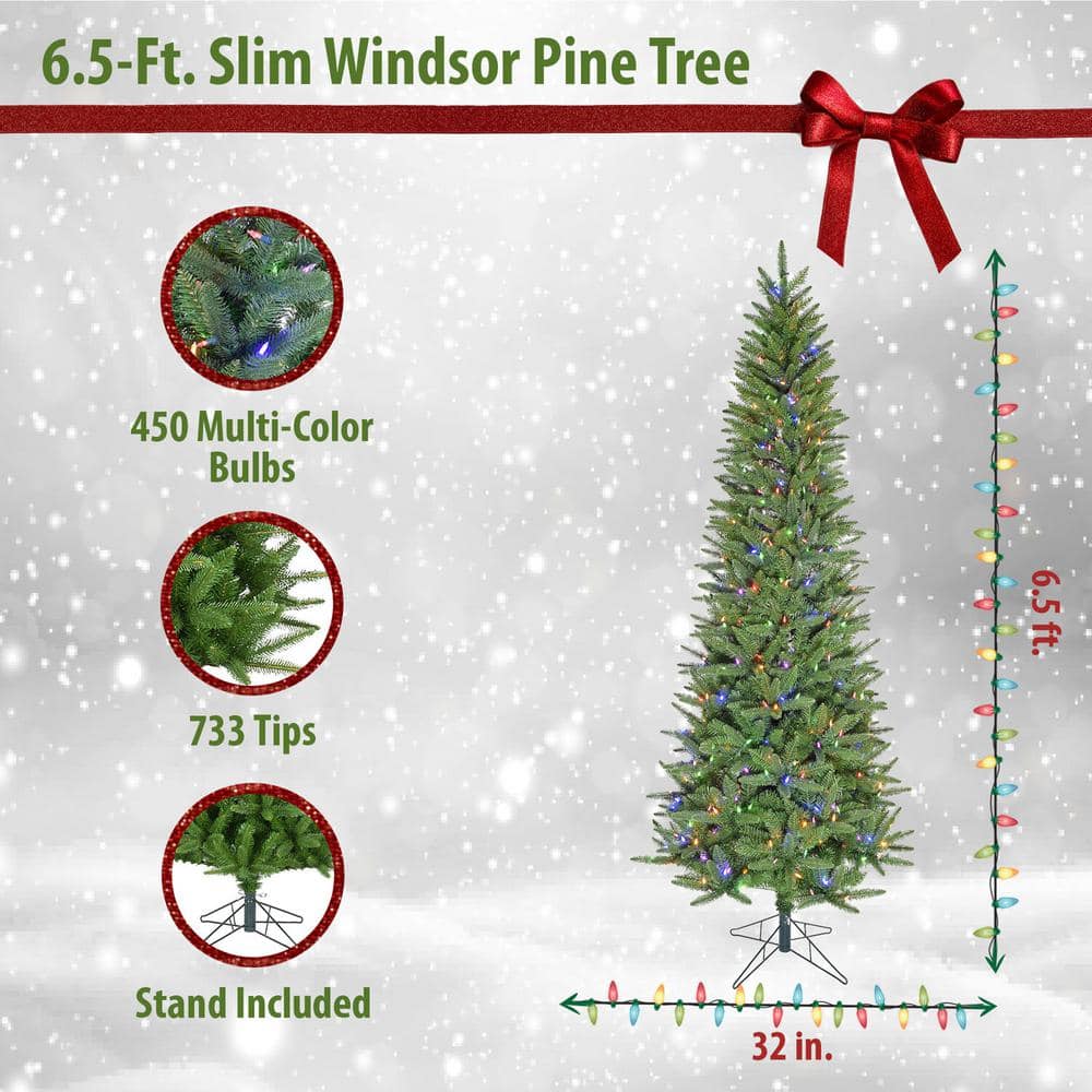 Slim Windsor Pine 6.5 ft Artificial Christmas Tree with Multi-Color LED Lights