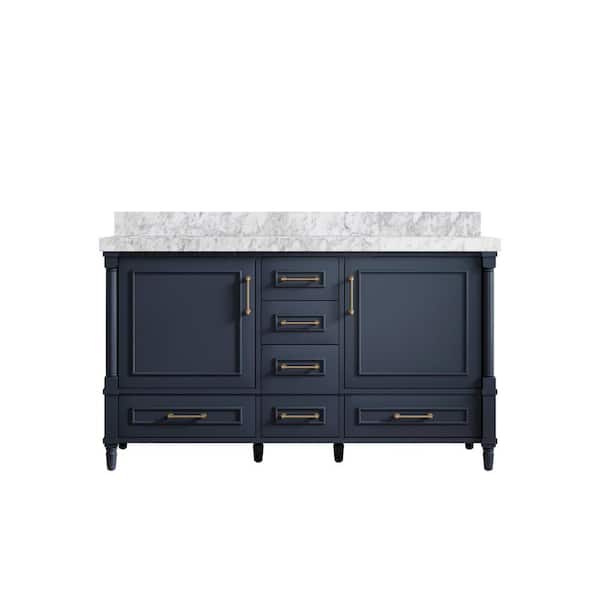 Willow Collections Hudson 60 in. W x 22 in. D x 36 in. H Double Sink Bath Vanity in Navy Blue with 2 in. Carrara Marble Top