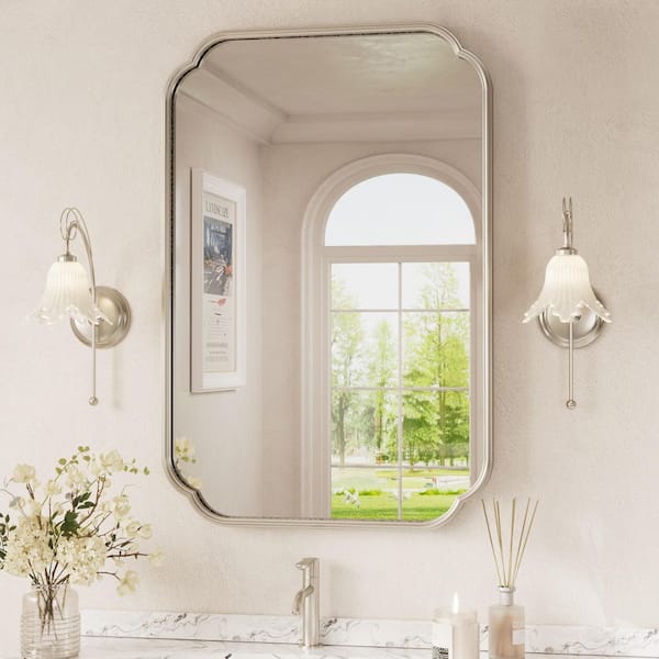 24 in. W x 36 in. H Scalloped Framed Wall Bathroom Vanity Mirror in Brushed Nickel