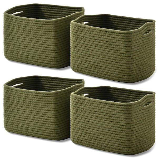 Green 12.5 in. x 7.9 in. Cotton Woven Decorative Basket Storage Baskets, 4-Pack，Built-in Handle, Foldable
