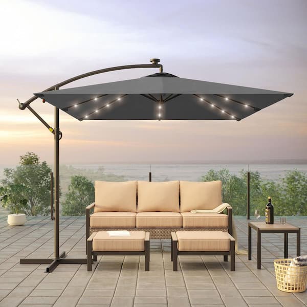 8.2 ft. x 8.2 ft. Offset Cantilever Patio Umbrella w/ LED Lights, Rectangular Canopy, Steel Pole and Ribs in Anthracite