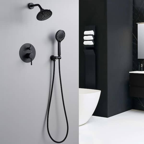 6-Spray Rainfall Dual Shower Head Wall Mount Fixed and Handheld Shower Head Faucet System 1.8 GPM in Matte Black