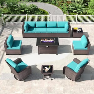 11-Piece Wicker Patio Conversation Set with Fire Pit Table, Glass Coffee Table, Swivel Rocking Chairs and Cushion Blue