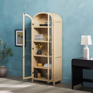 Arched 76 in. Tall Coastal Oak Wood 5-Shelf Bookcase with Full-Length Glass Cabinet Doors