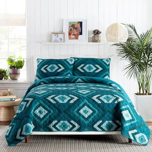 Midway Teal 3-Piece King Cotton Quilt Set