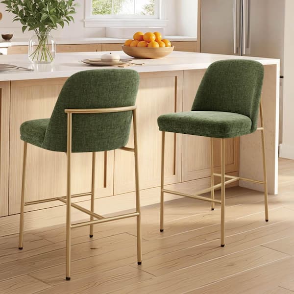Hearth 27 in. H Moss Green Metal and Wood Counter Stool with Fabric Seat for Dining Room, Set of 2