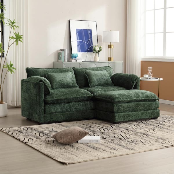77 in. Square Arm 3-Piece L Shaped Chenille Modern Sectional Sofa in Emerald with Moveable Ottoman