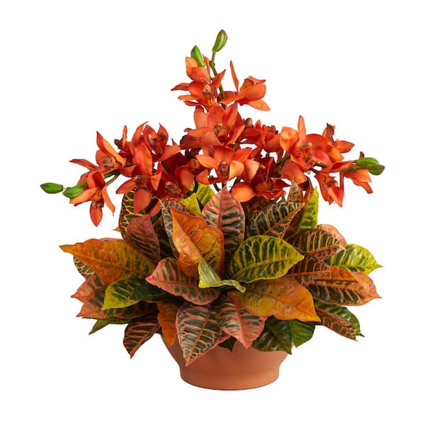 Nearly Natural 21 in. Cymbidium Orchid and Croton Artificial Arrangement in Terra Cotta Vase