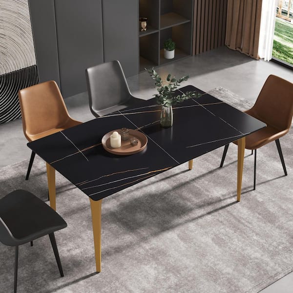 Magic Home 63 in. Luxury Sintered Stone Rectangle Black Top Gold Metal 4 Legs Dining Table (Seats 6)