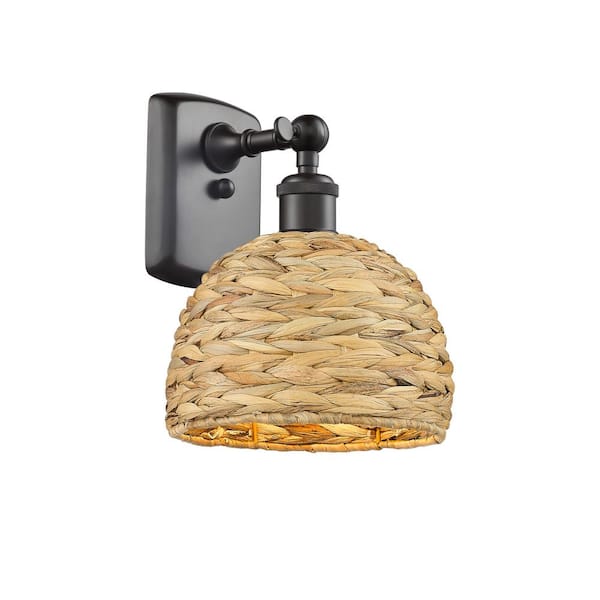 Woven Rattan 1-Light Oiled Brass Wall Sconce with Brown Rattan Shade