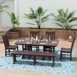 Hayes 6-Piece All Weather HDPE Plastic Rectangle Table Outdoor Patio Dining Set with Bench in Dark Brown