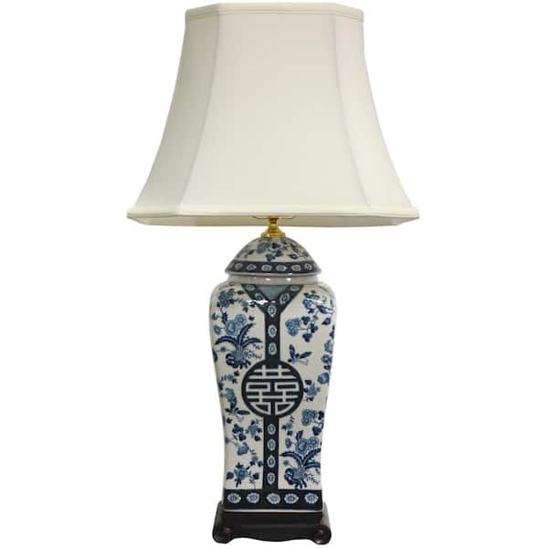 26 in. x 14 in. Floral Blue and White Vase Lamp