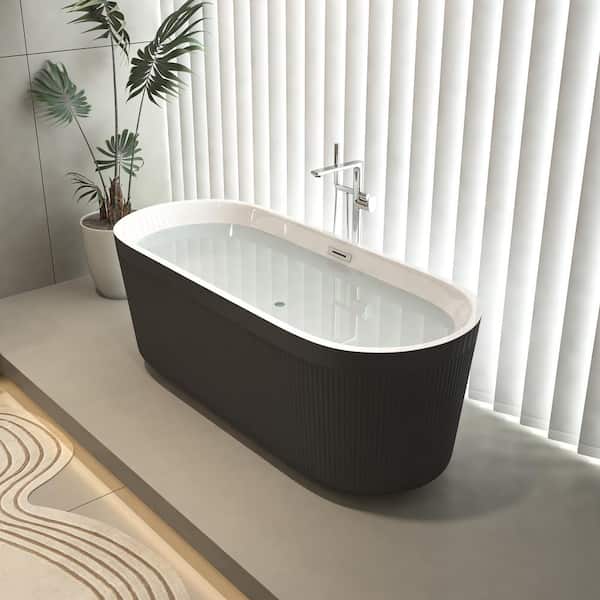 59 in. x 30 in. Linear Unique Pleated Design Acrylic Soaking Freestanding Bathtub with Chrome Drain in Glossy Black