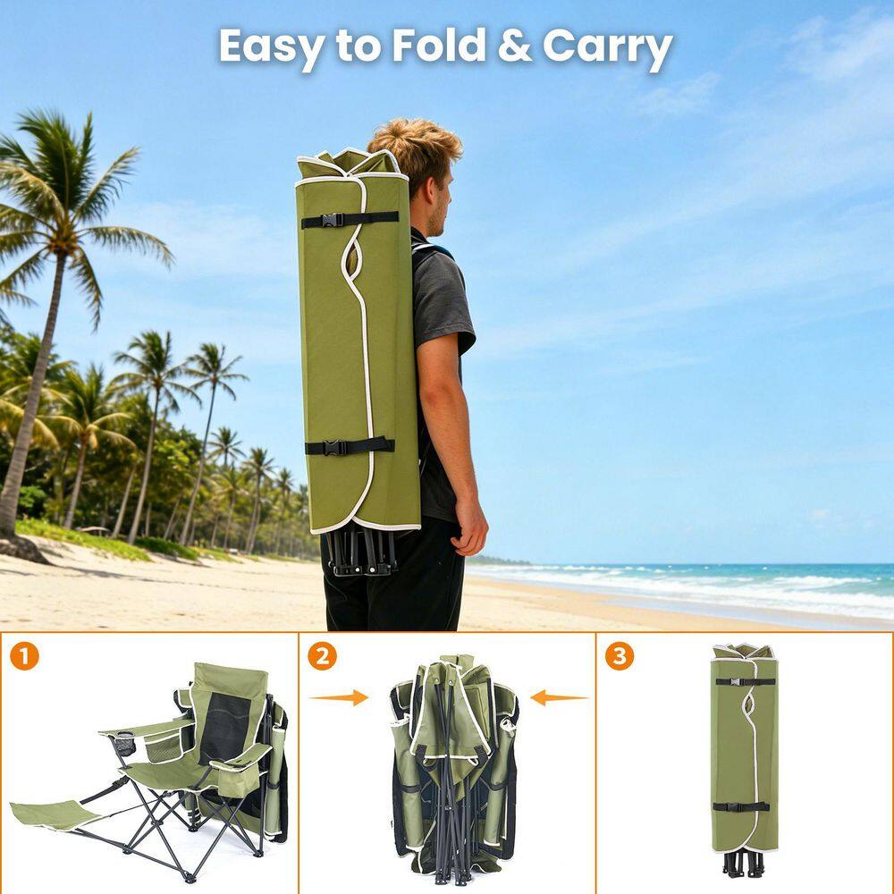 A person folding and carrying the green beach camping chair and accessories.