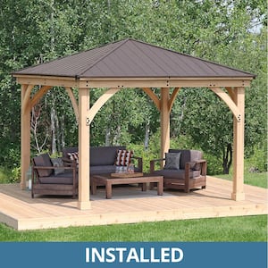Professionally Installed Meridian 12 ft. x 12 ft. Premium Cedar Outdoor Patio Shade Gazebo with Brown Aluminum Roof