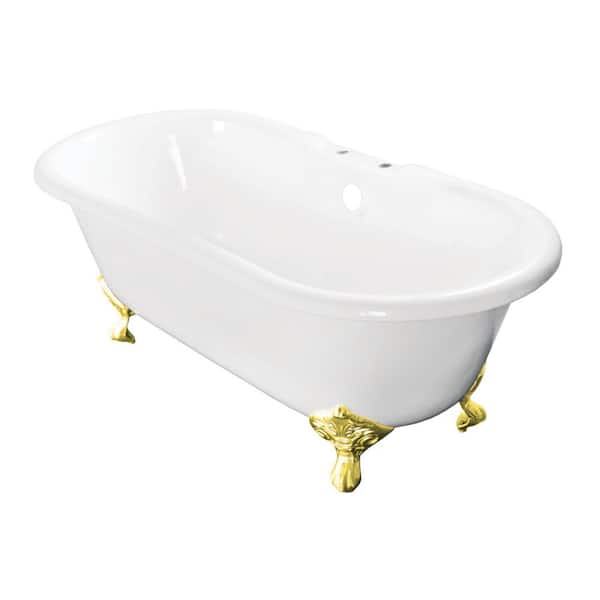 Aqua Eden 60 in. x 30.5 in. Cast Iron Oval Clawfoot Soaking Bathtub in White/Polished Brass