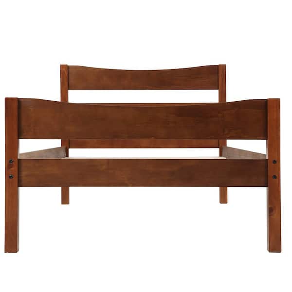 Walnut Brown Wood Frame Twin Size Platform Bed with Curve-lined Headboard and Footboard