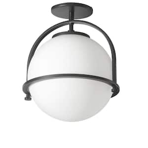 Paola 11.5 in. 1-Light Matte Black Semi-Flush Mount with Opal White Glass Shade