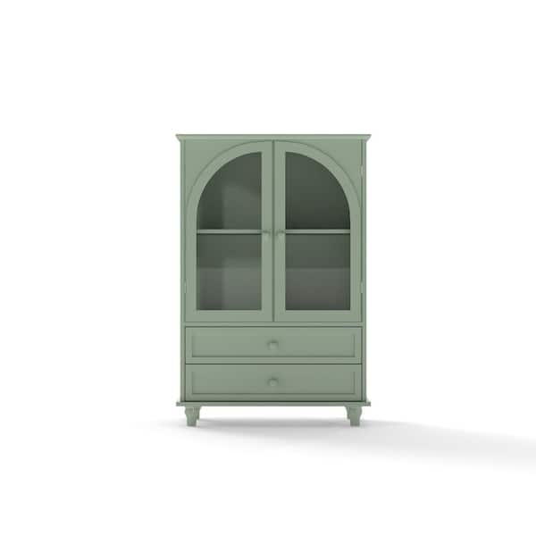 Green 42 in. H Storage Cabinet Arched Tempered Glass Door Buffet Sideboard with Tiered Top 2‑Drawer Pantry Cabinet