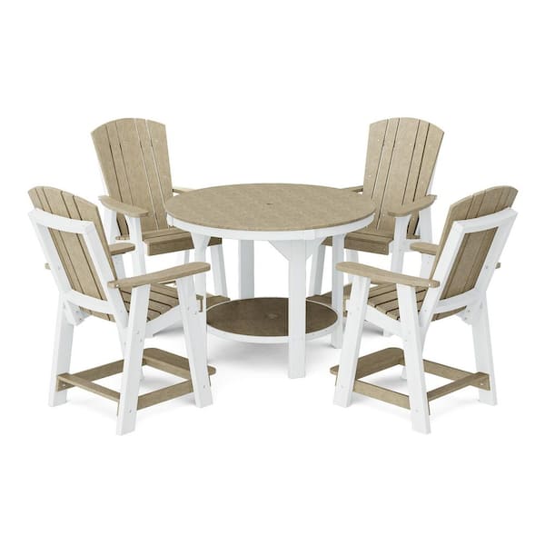 Heritage 5-Piece Weathered Wood and White HDPE Plastic Outdoor 48" Pub Counter Set