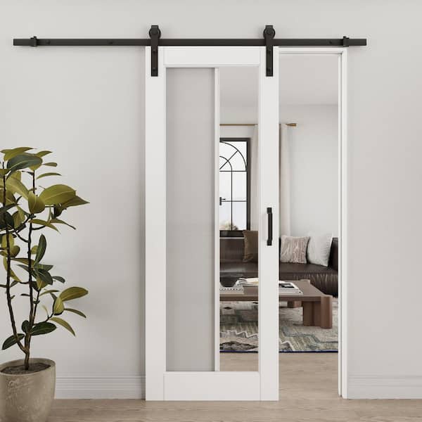 30 in. x 80 in. 1-Lite Tempered Clear Glass White Primed Solid Core MDF Sliding Barn Door with Hardware Kit