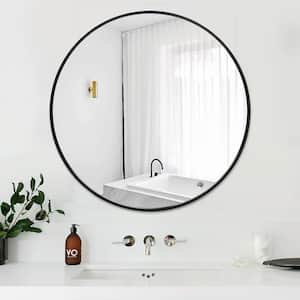 24 in. W x 24 in. H Large Round Alloy Metal Framed Wall Bathroom Vanity Mirror in Matte Black