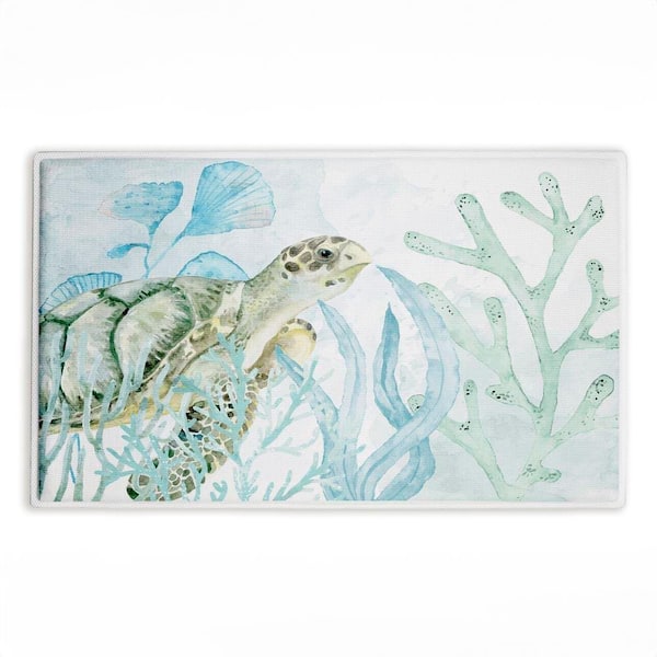 Turtle In The Sea 18 in. x 30 in. Blue Graphic Polyester Blend Rectangle Bath Mat