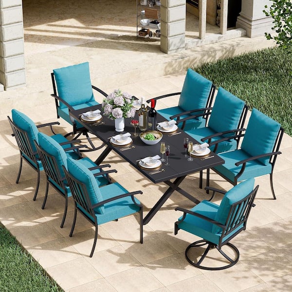 9-Piece Black Metal Patio Outdoor Dining Set with Swivel&fixed Chairs, Rectangle Table, Umbrella Hole and Blue Cushions.