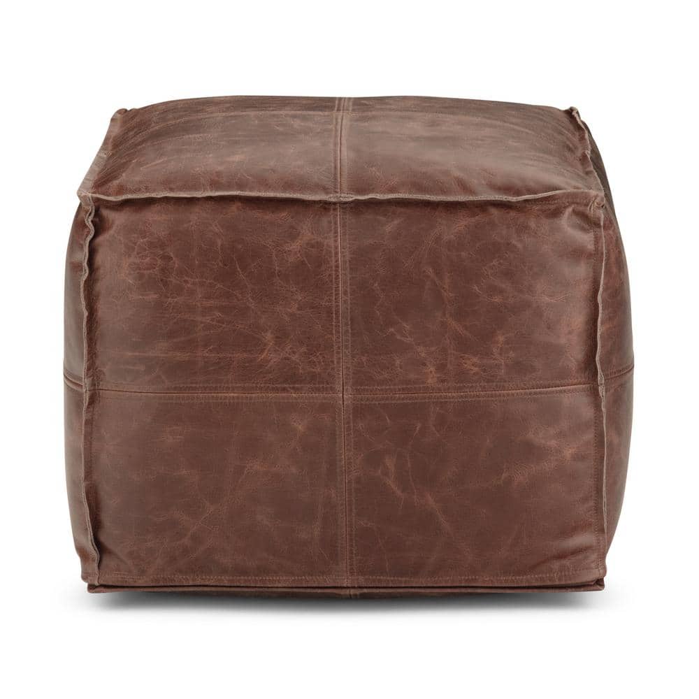 Sheffield Distressed Brown Genuine Leather Square Pouf