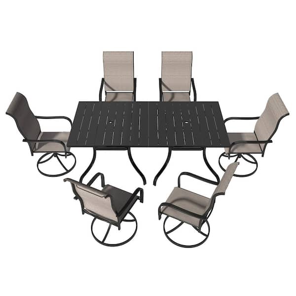 Mondawe 8-Piece Steel Textiliene Swivel Chair Square Table 28.5 in. H Patio Dining Set with Umbrella Hole