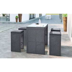 5-Piece RattanGray Wicker Outdoor Dining Patio Furniture Set Bar Table Set with 4 Stools, Gray Cushion
