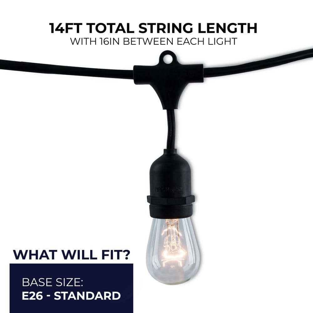 Outdoor/Indoor 14 ft. Plug-in S14 Incandescent Black String Light with Clear Bulbs Included 10 Sockets (1-Pack)