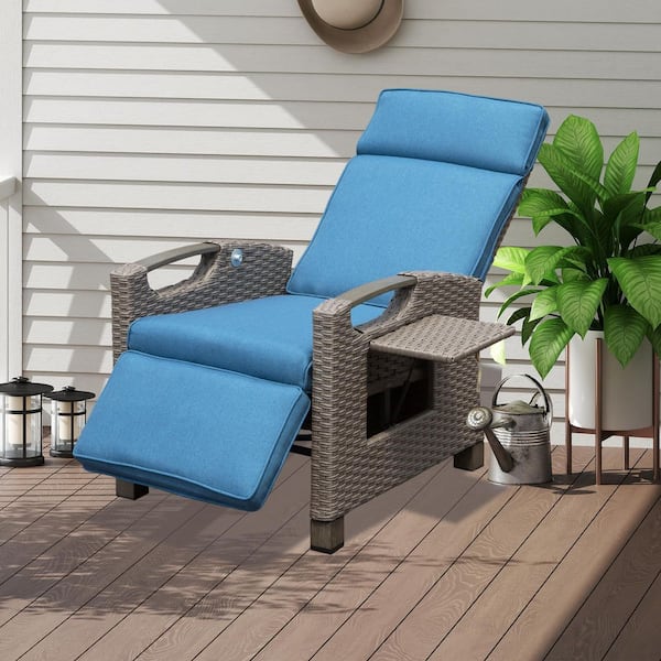 Domi Outdoor Reclining Chair with Built-In Side Table, Cushions, All-Weather Wicker, Blue