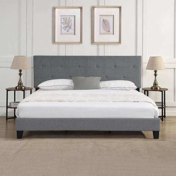 Gray King Size Upholstered Platform Bed Frame With On Tufted Linen Fabric Headboard Gz B2w20220368 Gray King Size Upholstered Platform Bed, Gray Upholstered Tufted King Bed