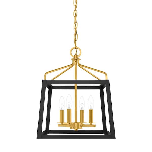 Hampton Bay Parley 4-Light Matte Black and Gold Pendant Light with Open Cage Shade