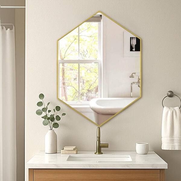 24 in. W x 34 in. H Modern Hexagon Metal Framed Wall Mounted Bathroom Vanity Mirror in Gold