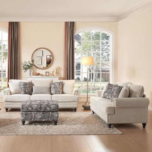 3-Pieces Chesterfield Couch Set Rolled Arm Chenille Beige Sofa Loveseat Living Room Set with Footrest Ottoman