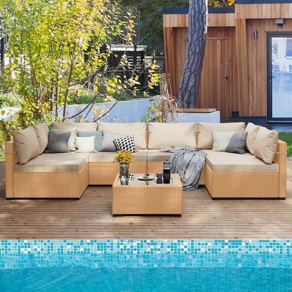 UPHA Yellow 7-Piece Wicker Patio Conversation Seating Set with Beige Cushions