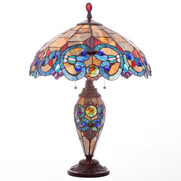 River of Goods 26 in. Amber Indoor Table Lamp with Stained Glass Victorian Style Shade and Lit Base