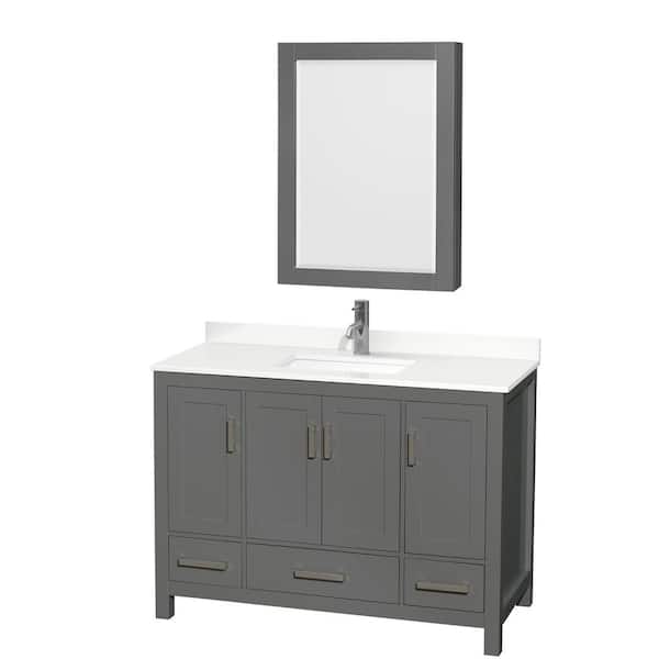 Wyndham Collection Sheffield 48 in. W x 22 in. D x 35 in. H Single Bath Vanity in Dark Gray with White Quartz Top and Mirror