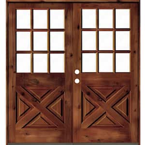 64 in. x 80 in. Knotty Alder 2 Panel Right-Hand/Inswing Clear Glass Red Chestnut Stain Double Wood Prehung Front Door